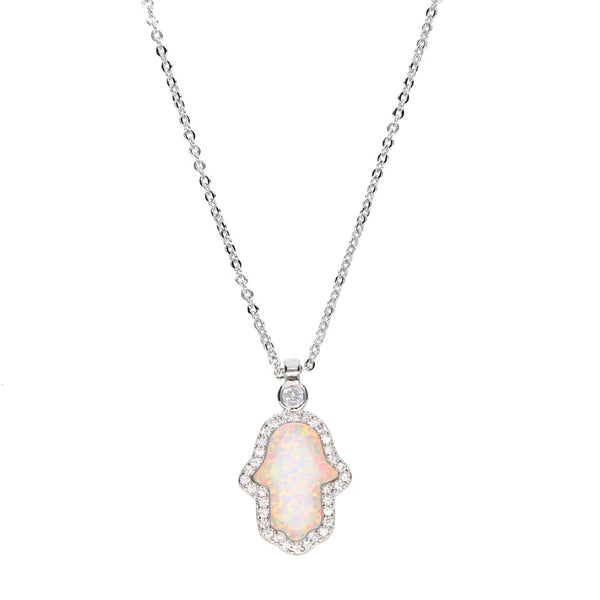 White Opal Hamsa With CZ Necklace